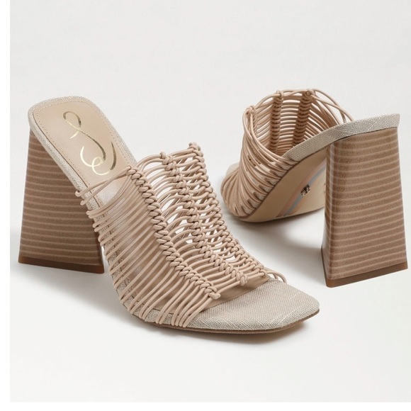 Sam Edelman Laurette block heels mule slip on sandals Sz 8 1/2 Almond Bungee new - Picture 1 of 12